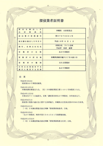 探偵業者証明書